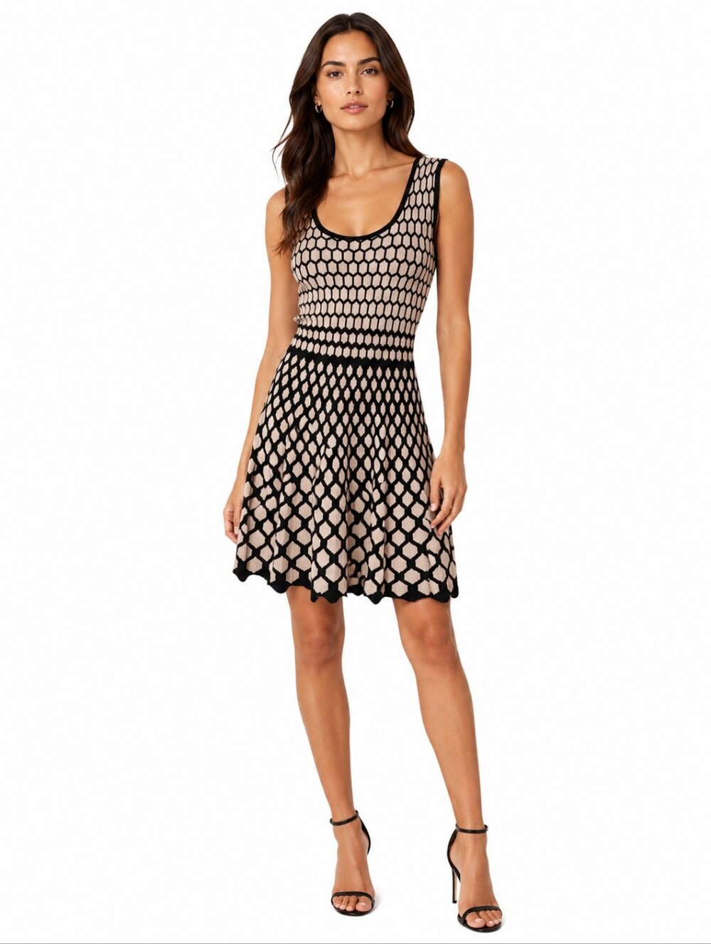 Bar III Black and Beige Patterned Knit Fit-and-Flare Dress Medium